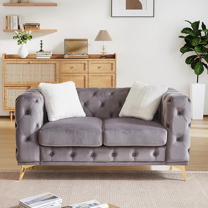 Mid Century Modern Loveseat Couch61W Luxury Upholstered Velvet Small Couch with Button Tufted &amp Gold Legs Deep Seat Comfy Chesterfield Sofa for Living Room Bedroom Office(2 Seater Grey)