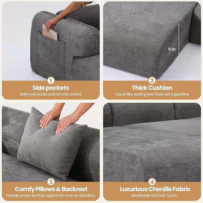 117’’ Chenille Fabric Boneless Couches for Living RoomModular Sectional Cloud Sofa |Fluffy Chenille Deep Seat No-Assembly Memory Foam Comfy Cloud Couch with L-Shaped Chaise (Grey)