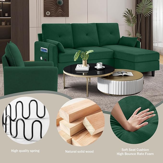 Convertible Sectional Sofa 77 Small L Shaped 3 Seat Couch with Reversible Storage Chaise and Accent Chair Set Modern Polyester Fabric Sofa Couches for Living Room Apartment Green
