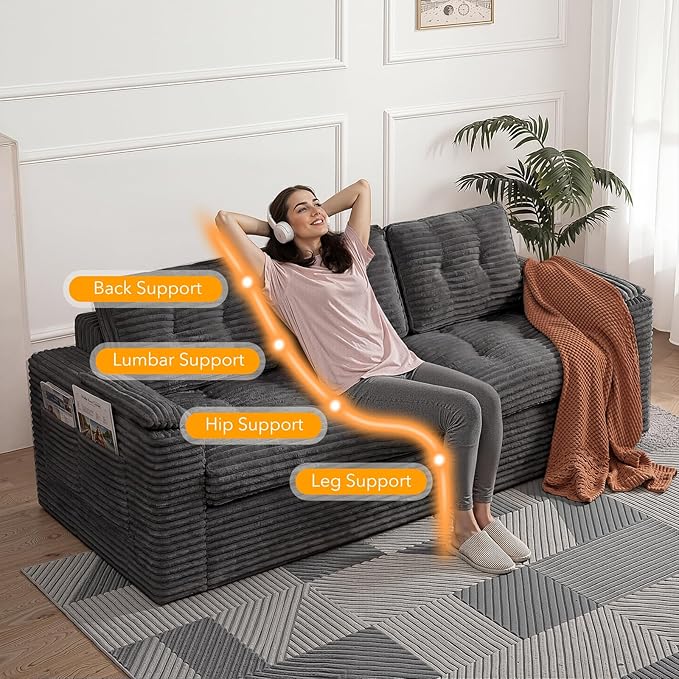 83 Boneless Couch 3 Seater Cloud Corduroy Sofa in a Box with Deep Tufted Cushions Zero Assembly Removable Washable Cover Family-Friendly Living Room Couch Dark Grey