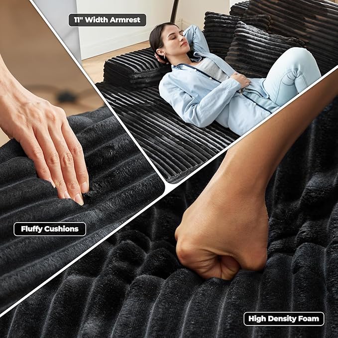 Oversized Chaise Lounge Sofa Indoor - Luxury 80 Cloud Sectional Couch Sofa Bed Deep Seat Plush Corduroy Lounge Chair Sleeper Sofa for Living Room Bedroom (Black2PCS)