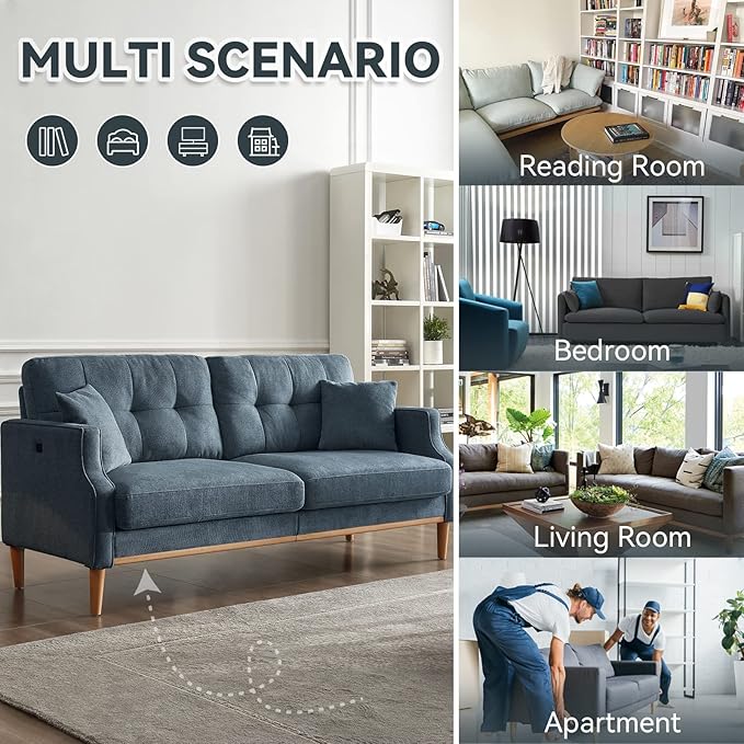 Sofa Couch with Thick CushionCouple Loveseat Sofa with Waterproof Fabric3 Seat Mid-Century Modern Couch with USB Port for Apartment Living Room Office (Blue)