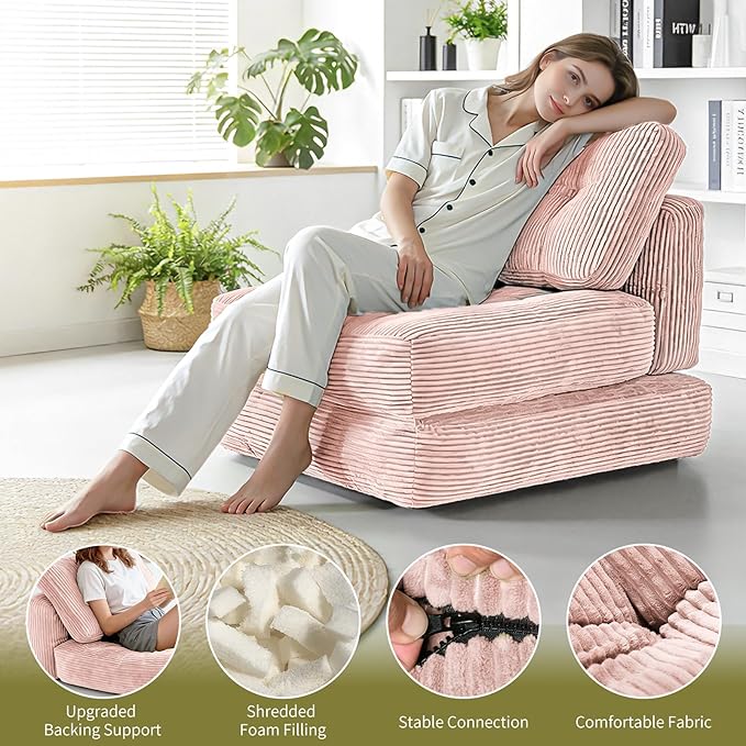 Art3d Folding Sofa Bed Convertible Sleeper Sofa Bed with Pilow &amp Back Support 3 in 1 Long Futon Boneless Couch Comfy Floor Couch for Living Room Bedroom Light Pink