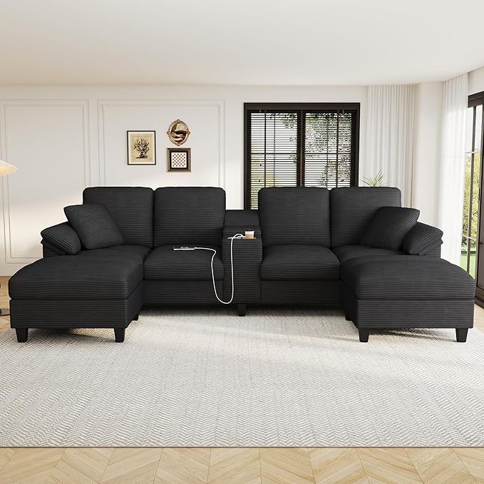 Modern U-Shaped Sofa 116.9 Sectional Sofa Corduroy Upholstered Sofa Couch with Storage Ottomans Cup Holders and USB Ports for Living Room (Black-X70)