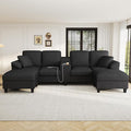 Modern U-Shaped Sofa 116.9 Sectional Sofa Corduroy Upholstered Sofa Couch with Storage Ottomans Cup Holders and USB Ports for Living Room (Black-X70)