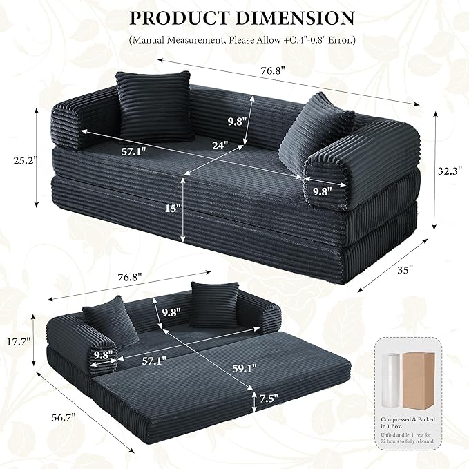 Boneless Couch Versatile Couches for Living Room No-Install Sofa Bed Corduroy Futon Soft Cloud Couch with Pillows for Bedroom Game Movie