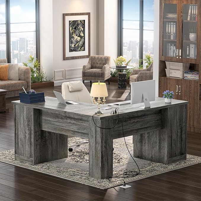 Unikito L Shaped Desk with Drawers 60 Inch Corner Computer Desks with USB Charging Port and Power Outlet Large 2 Person Home Office Table with File Cabinet Black Oak