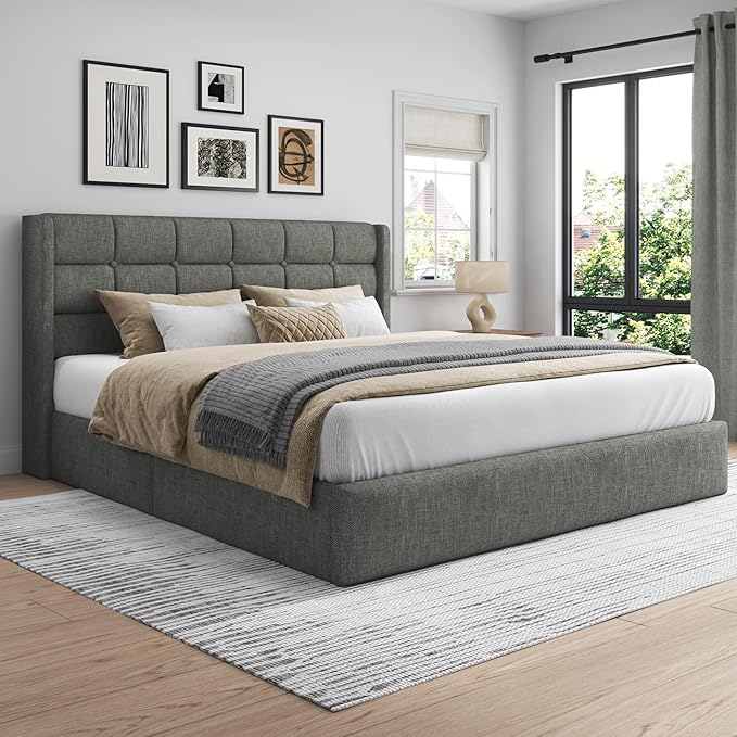 Lifezone Queen Size Lift Up Storage Bed Frame Linen Upholstered Queen Platform with Button Tufted Wingback Headboard and Under-Bed Storage Hydraulic Support No Box Spring Needed Noise Free Grey