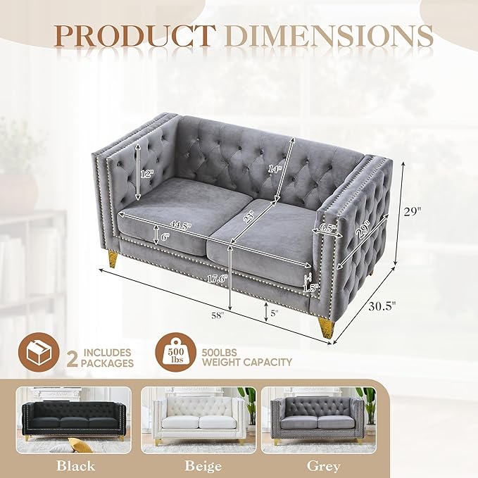 58 Chesterfield Sofa Comfy Velvet Button Tufted Mid Century Modern Couch Cloud Futon Small Loveseat Grey with Gold Legs and Nailhead Deep Seat Sofas for Living Room Office (Dark Grey 2 Seater)