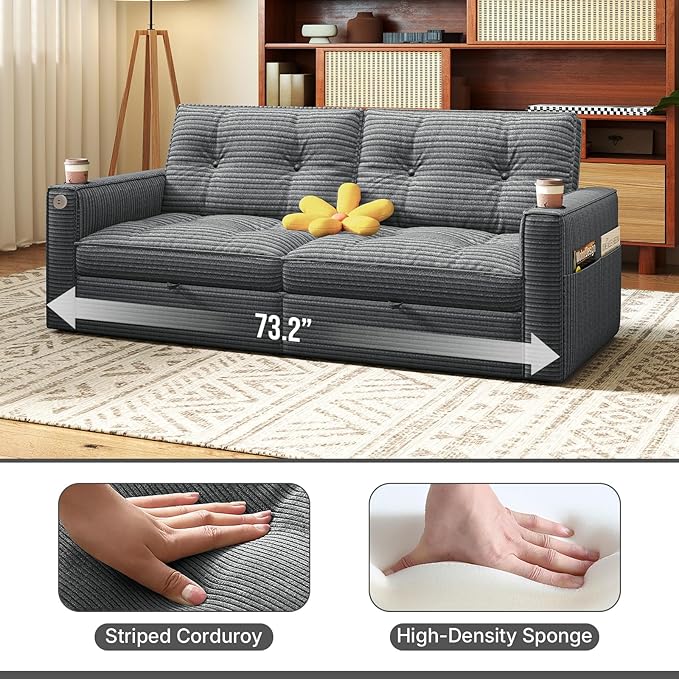 Rovibek 73.2 Convertible Sofa Bed Pull Out Couch with USB Charging Port &amp Cup Holders Adjustable Backrest Side Pockets Modern Corduroy Sleeper Sofa for Living Room Bedroom Apartment Grey