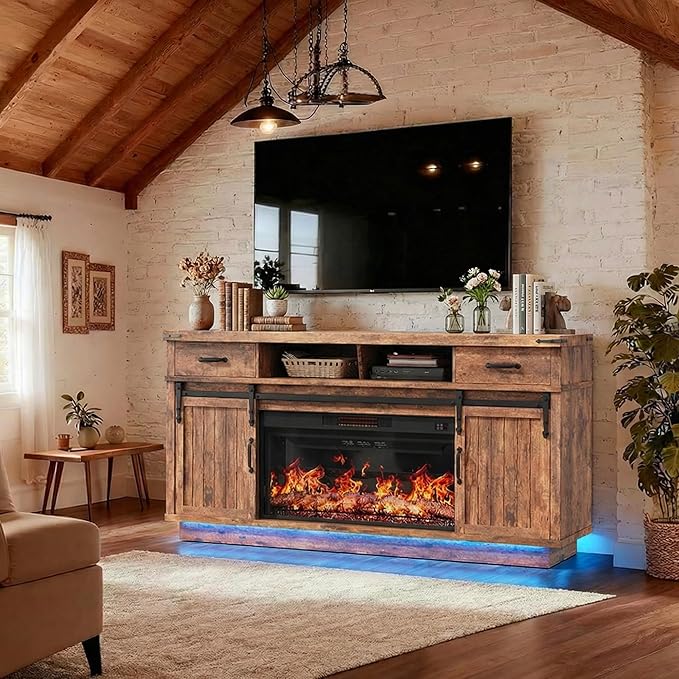 Fireplace TV Stand for TVs up to 65 Electric Fireplace with 3D Flame Farmhouse LED Light Entertainment Center TV Console with with 2 Drawers Sliding Barn Door for Living Room - Brown
