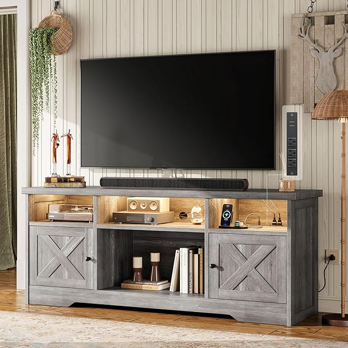 Casaottima TV Stand for 65 Inch TV Farmhouse Entertainment Center with Power Outlet &amp LED Light and Storage Cabinets Console Table and Media Furniture for Living Room Bedroom Gray Oak