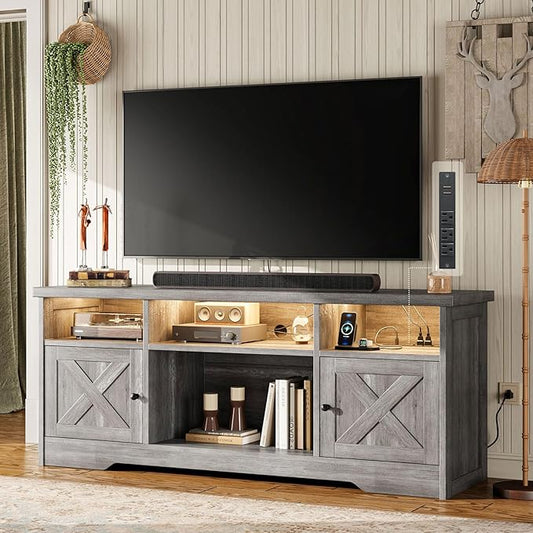 Casaottima TV Stand for 65 Inch TV Farmhouse Entertainment Center with Power Outlet &amp LED Light and Storage Cabinets Console Table and Media Furniture for Living Room Bedroom Gray Oak