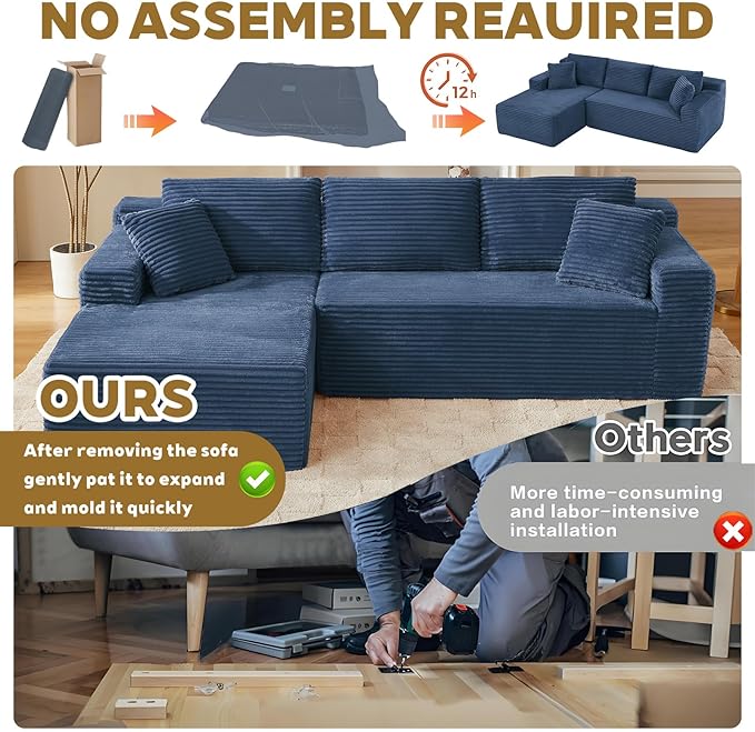 Minimalist Boneless Cloud Couches for Living Room Corduroy L Shaped Modular Sectional Sofa Couch W/Deep Seat &amp High-Back Comfy Memory Foam Couch Sofa in A Box (Blue Left Facing Chaise)