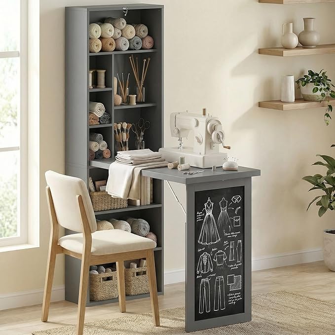 HOMCOM Fold-Out Convertible Writing Table Computer Desk with Blackboard and Side Shelf Multi-Function Home Office Workstation Charcoal Gray