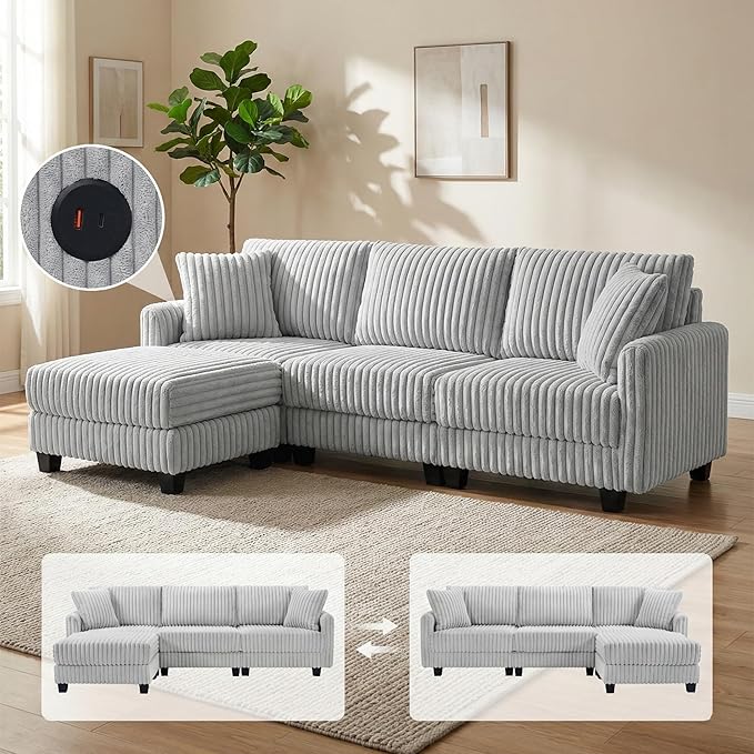 100 L Shaped Sectional Couches for Living Room Modular Sectional Sofa with Movable Ottoman Corduroy 4 Seat Couch with Built-in Charging Ports Light Grey | Movable Ottoman Soft Corduroy Feel USB