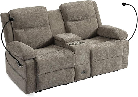 Chenille Fabric Manual Recliner Loveseat Sofa with Hidden Drawer Flip Console USB/Type-C Ports Phone Holder &amp Cup Holders Space-Saving Wall Hugger Couch for Small Spaces Apartments RVs Brow