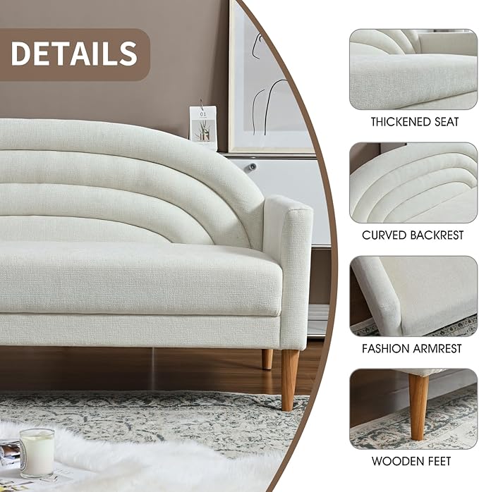 YUHUASHI Stylish Rainbow Sofa 3-Seater Sofa Sturdy Solid Wood Legs for Studio Bedroom Home Office 64-Inch Wide Linen Fabric (64 Three-Person Sofa Cream)