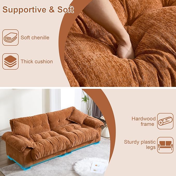 90.5 Modular Cloud Sofa 2 Seater Couch Oversized Loveseat with Armrest Pillow Comfy Tufted Couch Deep Seat Love Seats for Living Room Apartment Small Space- Orange