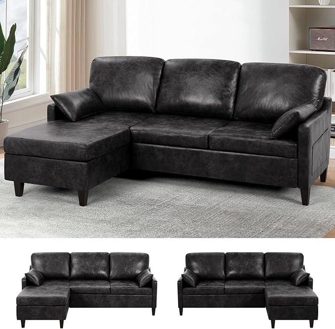 76 Sectional Sofa Couch w/Reversible Chaise Suede Leather L Shaped Sofa w/USB Charger Ports &amp Storage Bag Convertible Modern Couch w/Storage Space for Living Room Small Space Black