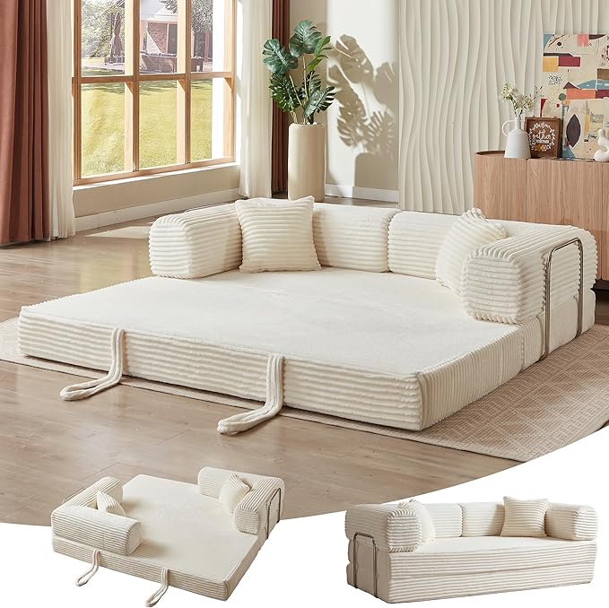 81 Inch Convertible Folding Sofa BedFold Out Floor Sofa Couch with Fixed-Shape FrameCorduroy Foldable Mattress Cloud Couch for Living Room Bedroom (Off White)