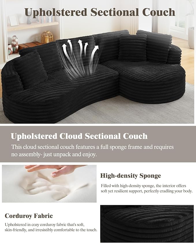 121 inch Boneless Cloud Modular Sectional Couch Wide Curved L Shaped Sofa with Chaise | Corduroy Fabric | Compressed Foam Sofa for Living Room | No Assembly Black