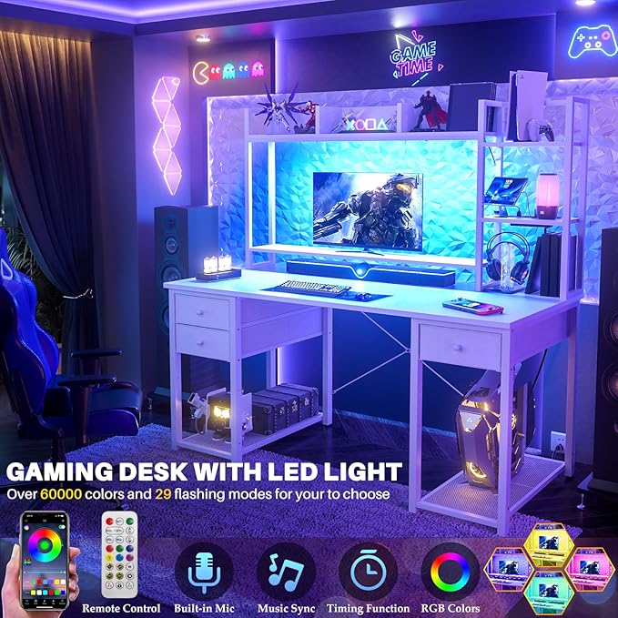 Aheaplus Desk with LED and Outlets Gaming Desk with Hutch 47.2'' Computer Desk with Drawers Reversible Office Desk with Storage Bookshelf Large Workstation Desk with Shelf Desk for Home White