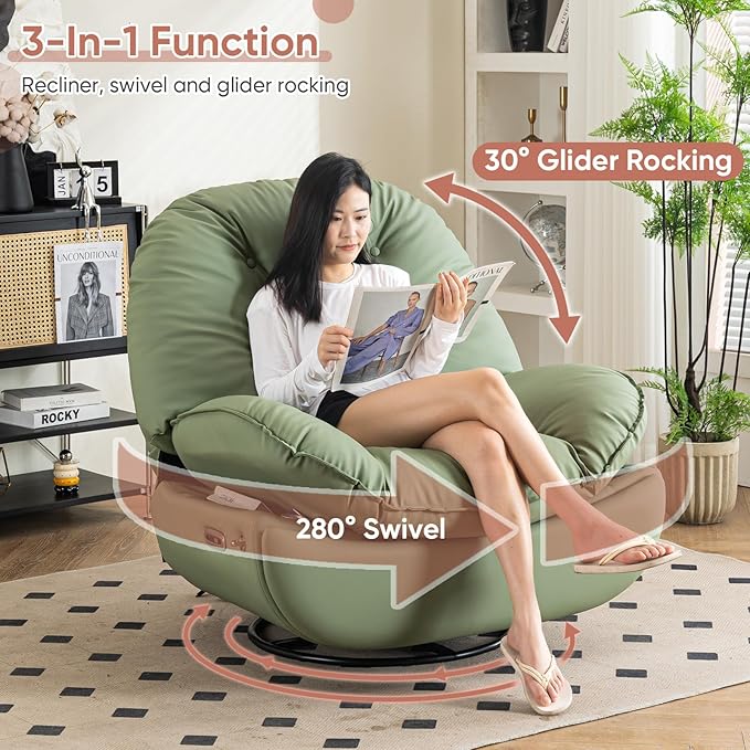 Oversized Electric Recliner Chair 360 Swivel Rocking Glider Rocker for Adults Modern Ergonomic Lounge for Living Room Phone Stand&amp Smart Control Theater Seating (Black Silicone Leather)