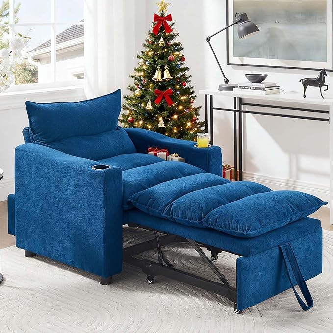 3 in1 Convertible Sleeper Sofa Chair Modern Pull Out Couch Bed Single Chair Bed with Adjustable Back Velvet Folding Compact Recliner for Living Room Bedroom Apartment Small Spaces (Blue)