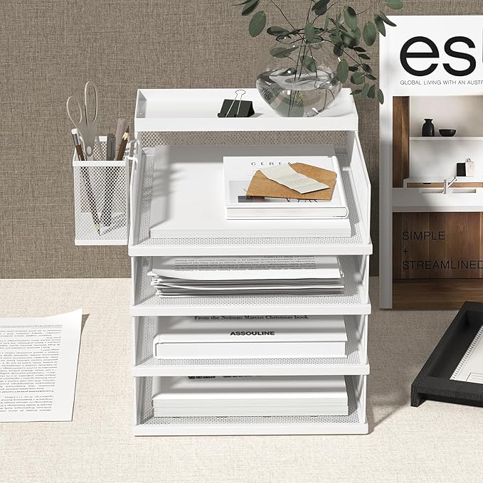 Stackable Letter Trays 4 Tier Metal Paper Tray &amp Desk Organizer Stackable File Trays for Office &amp Home Multi-Functional Document Tray with Fine Grid Design &amp Magnetic LabelsWhite