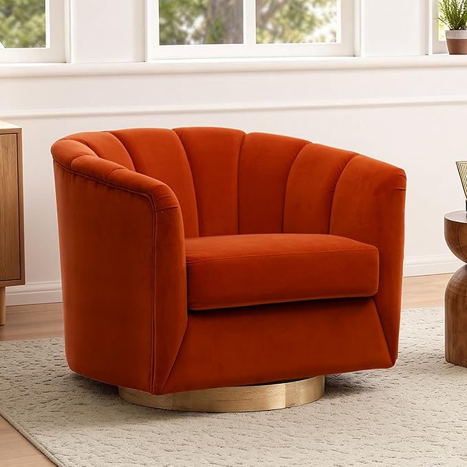 SITJOY Swivel Accent Chair Mid Century Modern Barrel Armchair with Solid Ash Wood Base Upholstered Chair for Living Room Bedroom Velvet Fabric in Burnt Orange