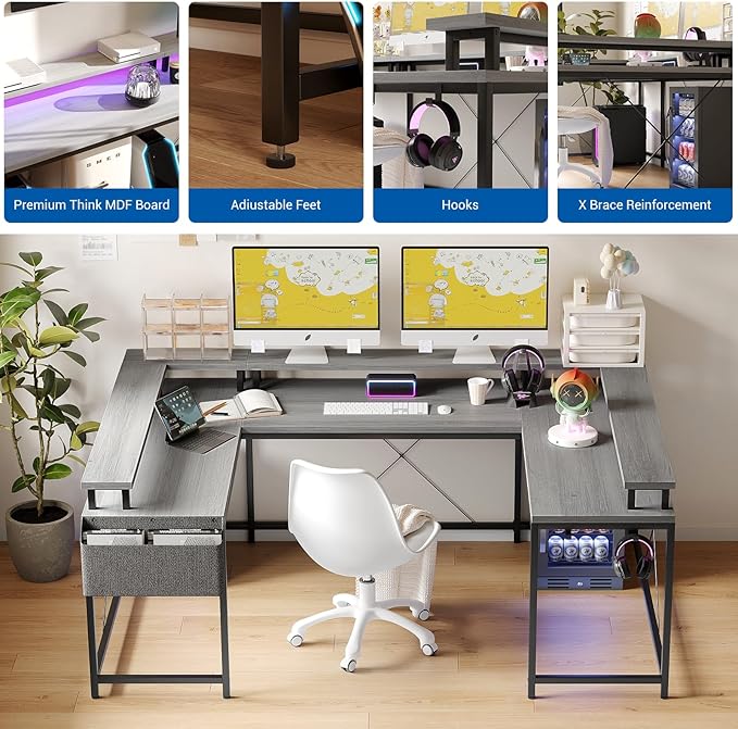 78 Inch Large Computer Desk with Power Outlets &amp USB Ports u Shaped Corner Desk with RGB LED Lights Monitor Stand &amp Storage for Home and OfficeGray