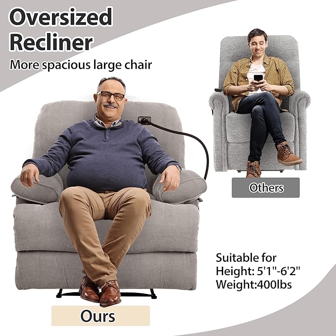 Oversized Recliner Chairs with Phone Holder Large Recliner Soft Fabric Overstuffed Big Man Recliner for Heavy Duty Adults for Living Room Bedroom Nursery RV Brown