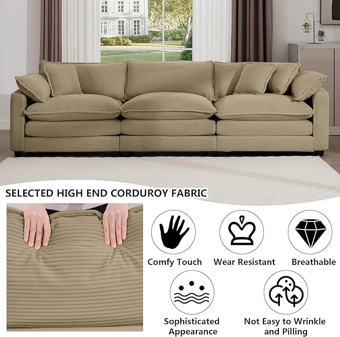 Aoowow Corduroy 3 Seater Sofa CouchModern Large Cloud Couches for Living RoomModular Sectional Cloud Sofas with Deep SeatOversized Tufted 3 Seat Sofa Set. (Tan 3 Seater)