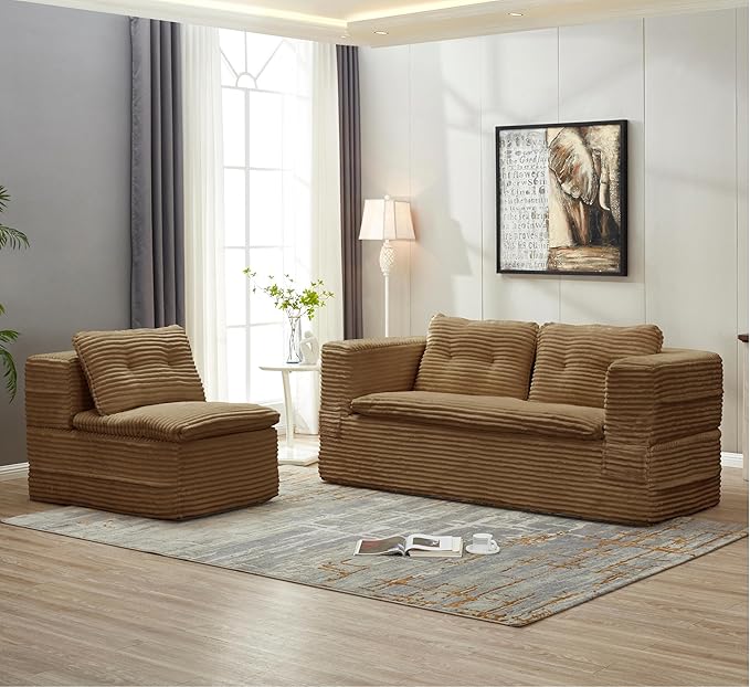 2 Pieces Sofa and loveseat Set Convertible Queen Sleeper Couch Bed for Living Room Foam Folding Futon Love seat Sofa Button Tufted Upholstered Furniture No Assembly Couches for Bedroom Camel
