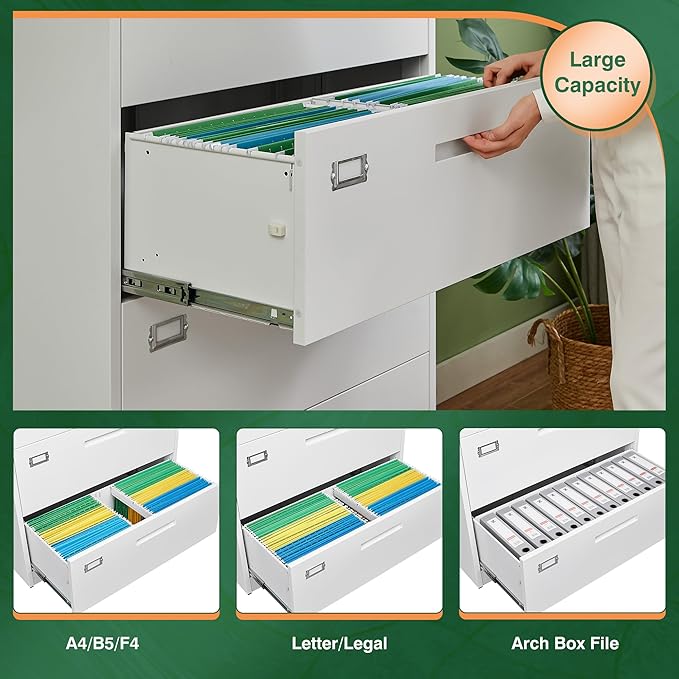 Letaya 4 Drawer File Cabinet with Lock Metal Lateral Filing Cabinet Wide Office Organization Storage for Home Office Hanging Letter/Legal/F4/A4 (White-Requires Installation)