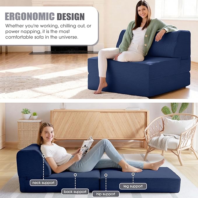 Folding Sofa Bed with Pillow Memory Foam Fold Out Chair Bed Convertible Sleeper Chair with Washable Cover Futon Floor Couch for Living Room/Dorm/Guest Use/Home Office/Apartment Navy Blue