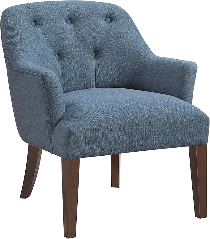 Lexicon Modern Accent Chair Textured Fabric Upholstered Arm Chair with Button Tufted Back Sloped Flared Arms and Wooden Legs for Living Room/Bedroom Blue