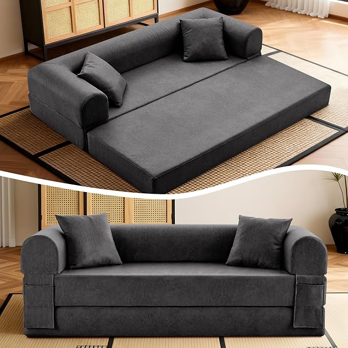 4-in-1 Folding Convertible Sofa Bed 78 Inch Faux Leather Boneless Couch Loveseat Sleeper with Pull Out Bed Floor Sofa Modular Futon Teddy Sofa for Living Room Bedroom Lounge Gray