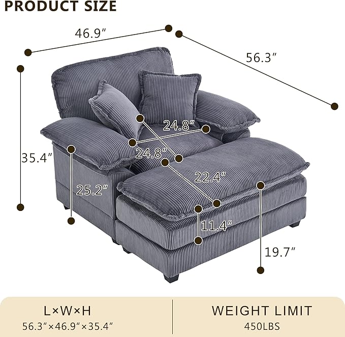 46.9 W Oversized Chair with Ottoman Corduroy Upholstered Chaise Lounge Chair Indoor Reading Chairs Sofa Couche Oversized Comfy Chairs for Living Room Bedroom (Corduroy Green)