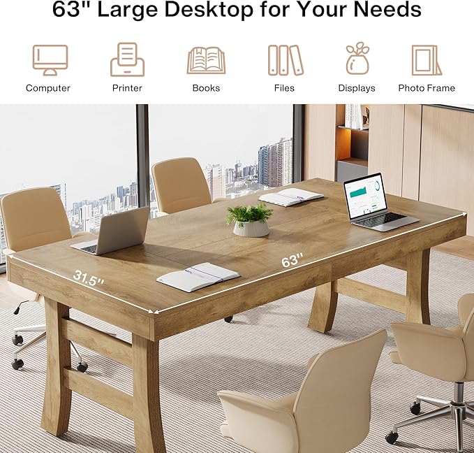 Tribesigns 63-Inch Executive Desk Large Office Computer Desk with Sturdy Legs Farmhouse Simple Workstation Writing Study Table for Home Office Light Brown