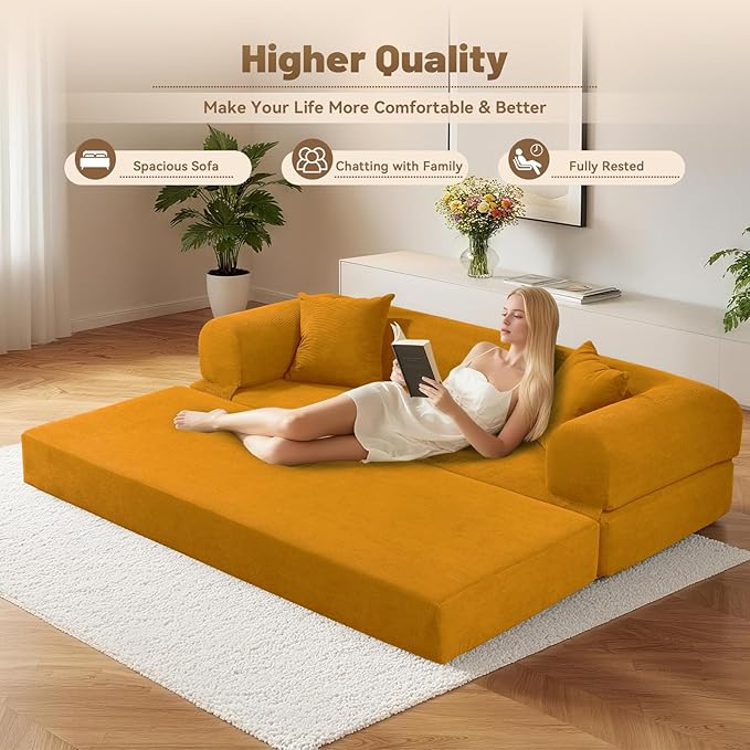 80 Convertible Sofa BedCorduroy Folding Sleeper Sofa Bed Queen with Pillows &amp StorageModular Pull Out Couches Boneless Couch for Living RoomCompressed Couch in a BoxYellow
