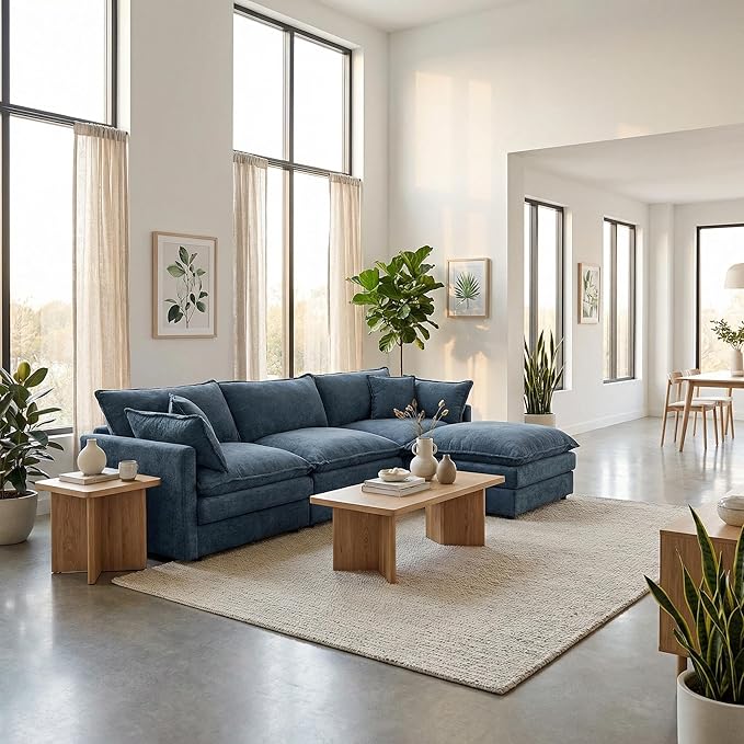 Homy Casa 102 Inch L Shaped Couch Set3-Seat Sectional Sofa with Chaise Comfortable Chenille Fabric Removable Cushions Ottoman DIY CombinationModern Design for Living/Family Room (Blue)