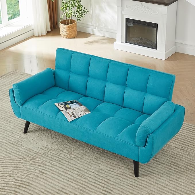 Sofa Couch for Living Room 74.8 Linen Tufted Modern Comfy Couch with Pillow-Top Armrest 3 Seater Upholstered Sofa for Small Spaces Office Apartment Blue