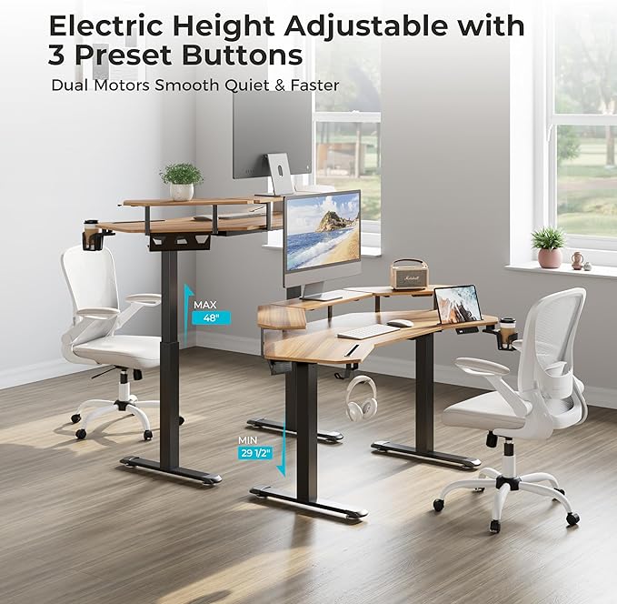 EUREKA ERGONOMIC Standing Gaming Desk with Dual Motor63 Wing Shaped Computer Desk w Mouse Pad Electric Adjustable Height Table w LED Monitor StandsSlot DesignWalnut