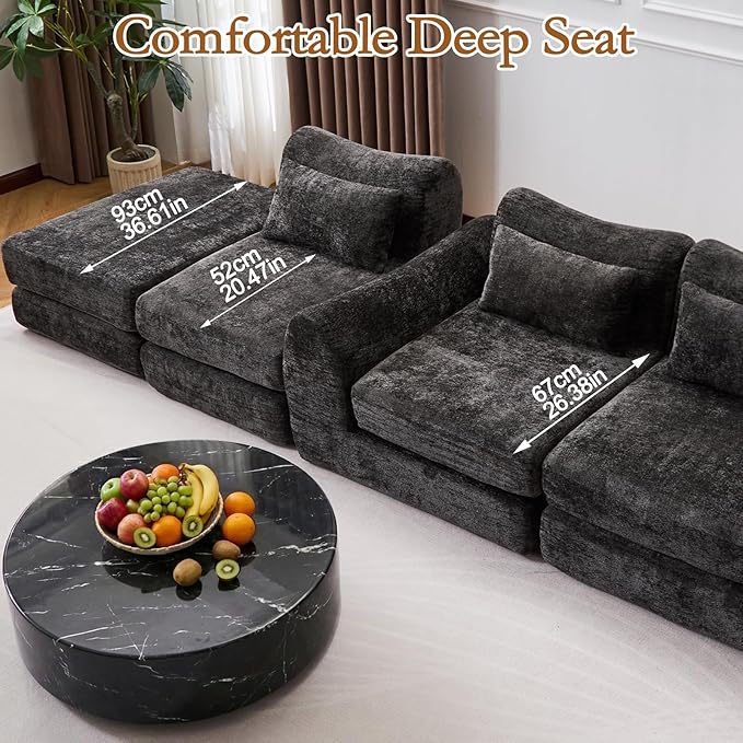 105” Modular Sectional Sofa Convertible Sofa BedTransforms into Single or Double Sofa Chenille Fabric Cloud SofaModern Soft Boneless Comfort No Assembly Required Black