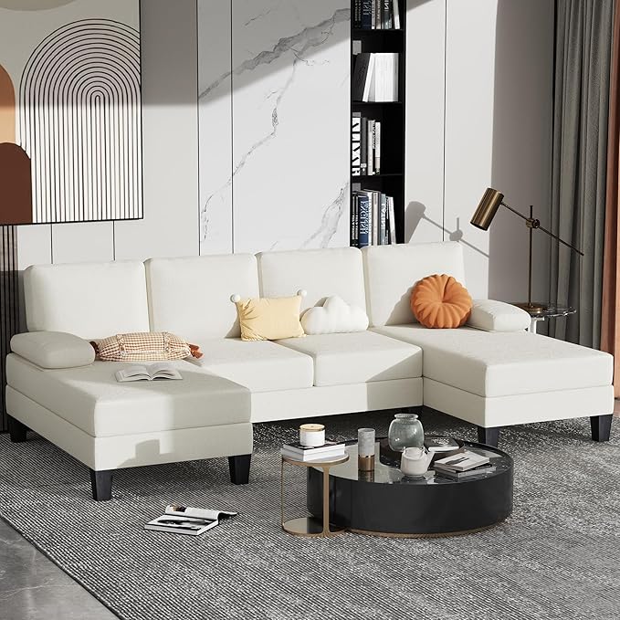 Bezseller 107.3 Sectional Couches for Living Room U Shaped Modular Sofa Couch with Cushion &amp Chenille Fabric 4-Seat Comfy Furniture Sets with Double Chaise for Apartment Reception Room Beige