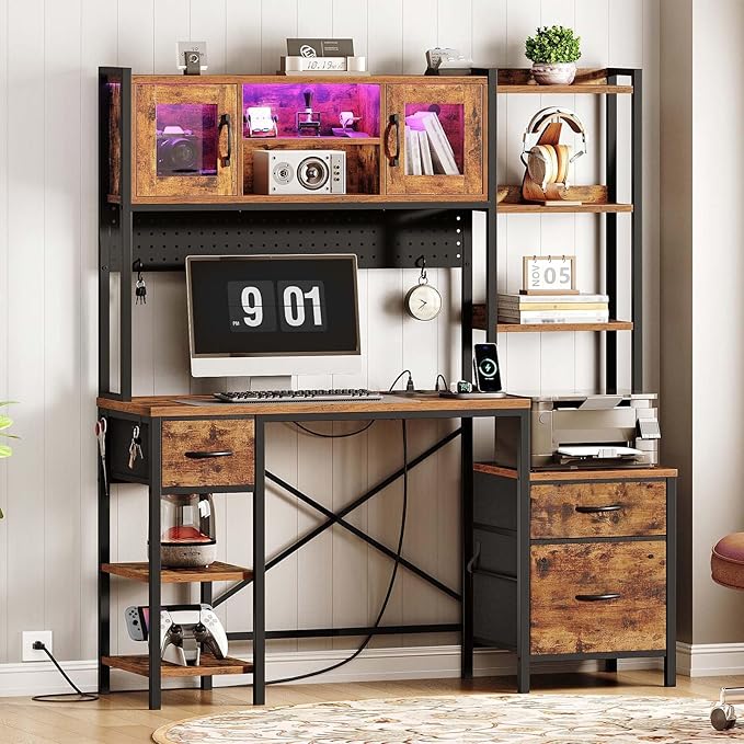 Gaming Desk with Hutch Led Computer Desk with Storage Shelves File Cabinet Gamer Desk with Drawers Pegboard Power Outlet LED Light Workstation for Home Office Black Desk with Hutch