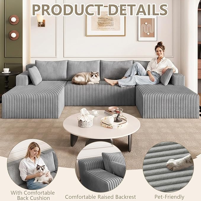 124 U Shaped Cloud Couch Sectional Corduroy Upholstered 4-Seater Cloud Couches for Living Room Deep Seat Modular Boneless Sofa with Lounge Chaise No Assembly Required Light Grey