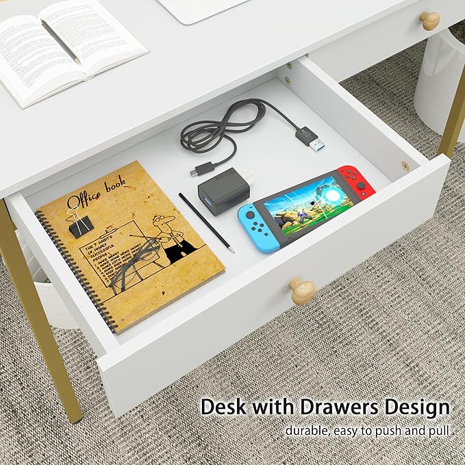 Weehom Computer Desk with Drawers Home Office Desk for Writing Studying and Gaming - Sturdy and Spacious Workstation for PC and Laptop(White and Gold)